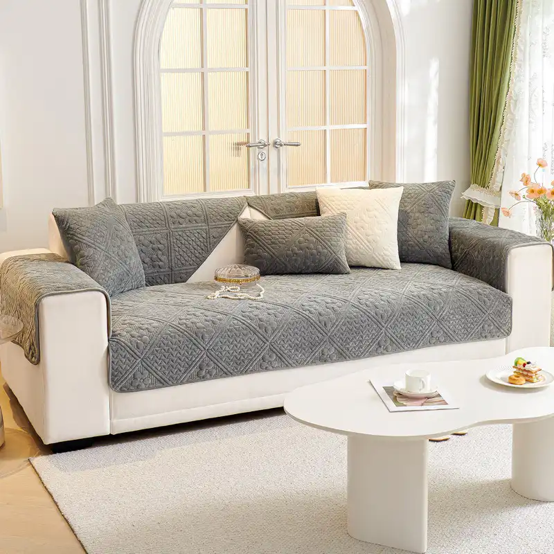 Embossed Geometric Pattern Soft Plush Quilted Non-Slip Couch Cover - Holidayae