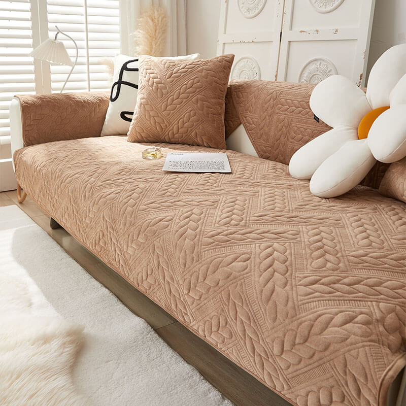 Warm Crystal Velvet Wheat Embroidery Non-Slip Couch Cover - Holidayae