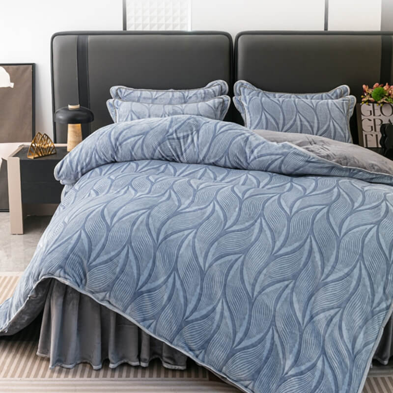 Modern Leaf Pattern Soft Milk Velvet Bed Sheet Set with Bed Skirt - Holidayae
