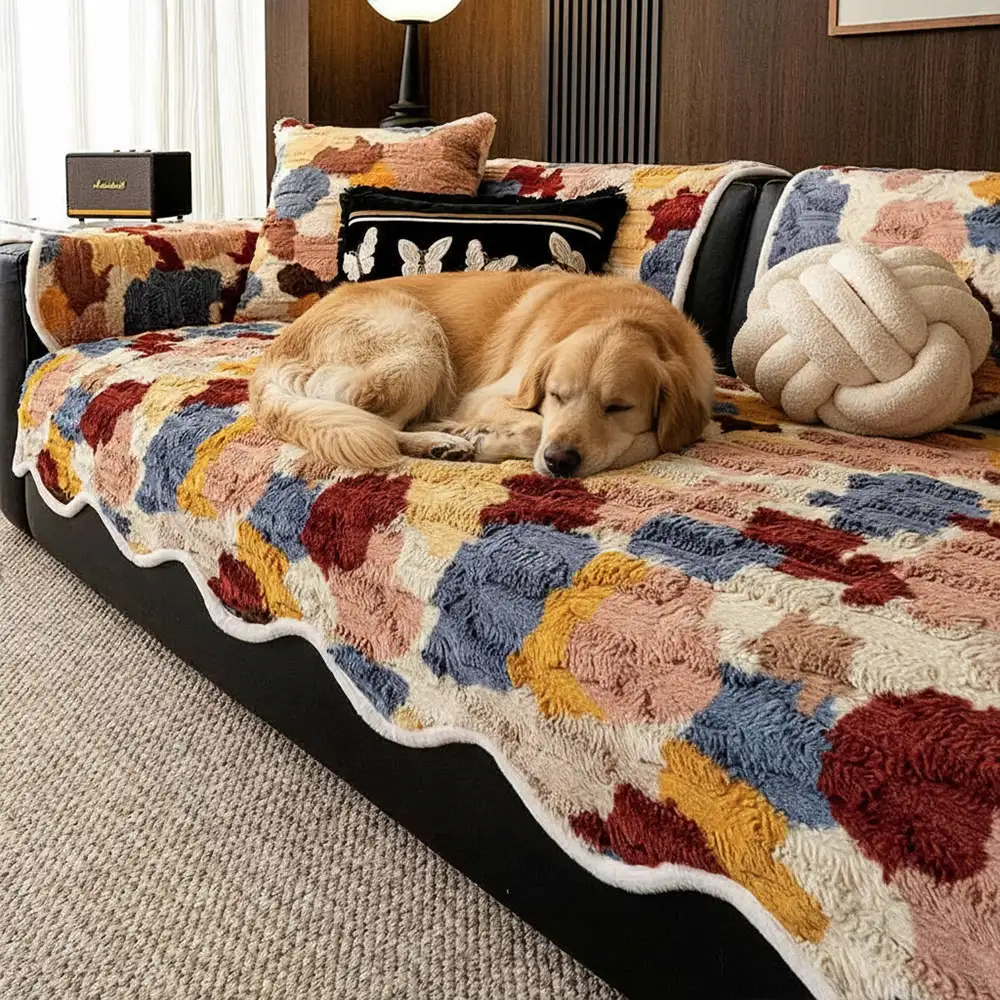 Stylish Color-Blocked Faux Rabbit Fur Soft Non-Slip Irregularly Shaped Couch Cover - Holidayae