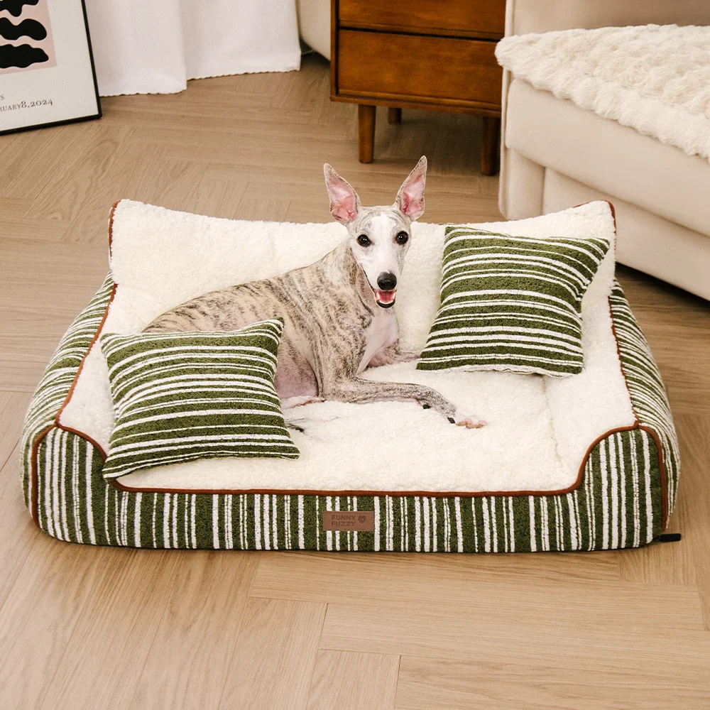 Plush Warm Stripe Orthopedic Dog & Cat Sofa Bed With Pillows- Grove Couch - Holidayae