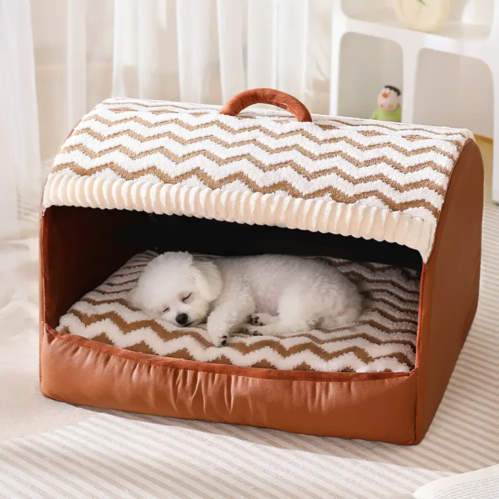 Cozy Cabin Portable Semi-Enclosed Dog Bed with Roof Warming And Durable - Holidayae
