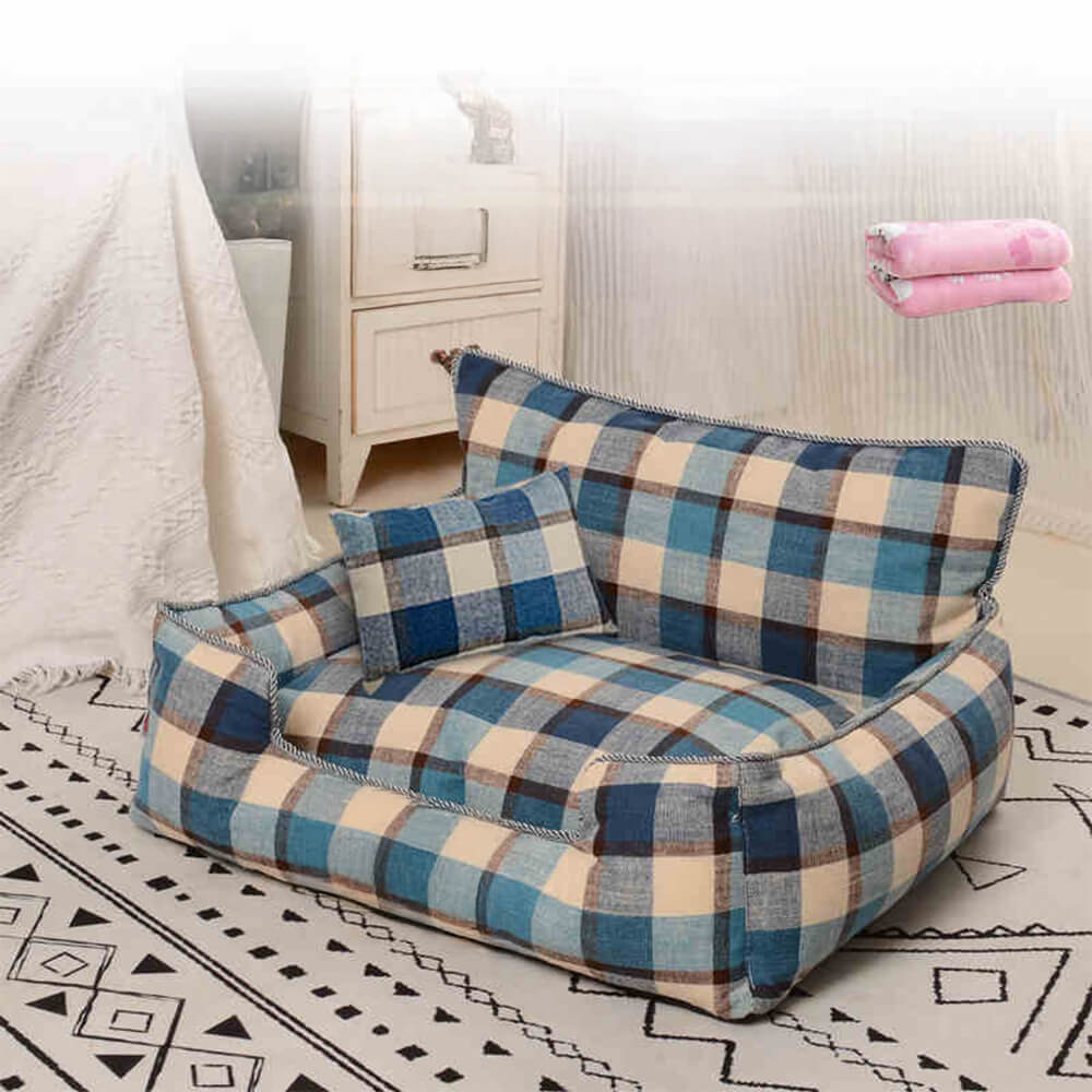 Vintage Plaid Warm Removable Washable Dog & Cat Sofa Bed Matching Blanket Pillow - Holidayae