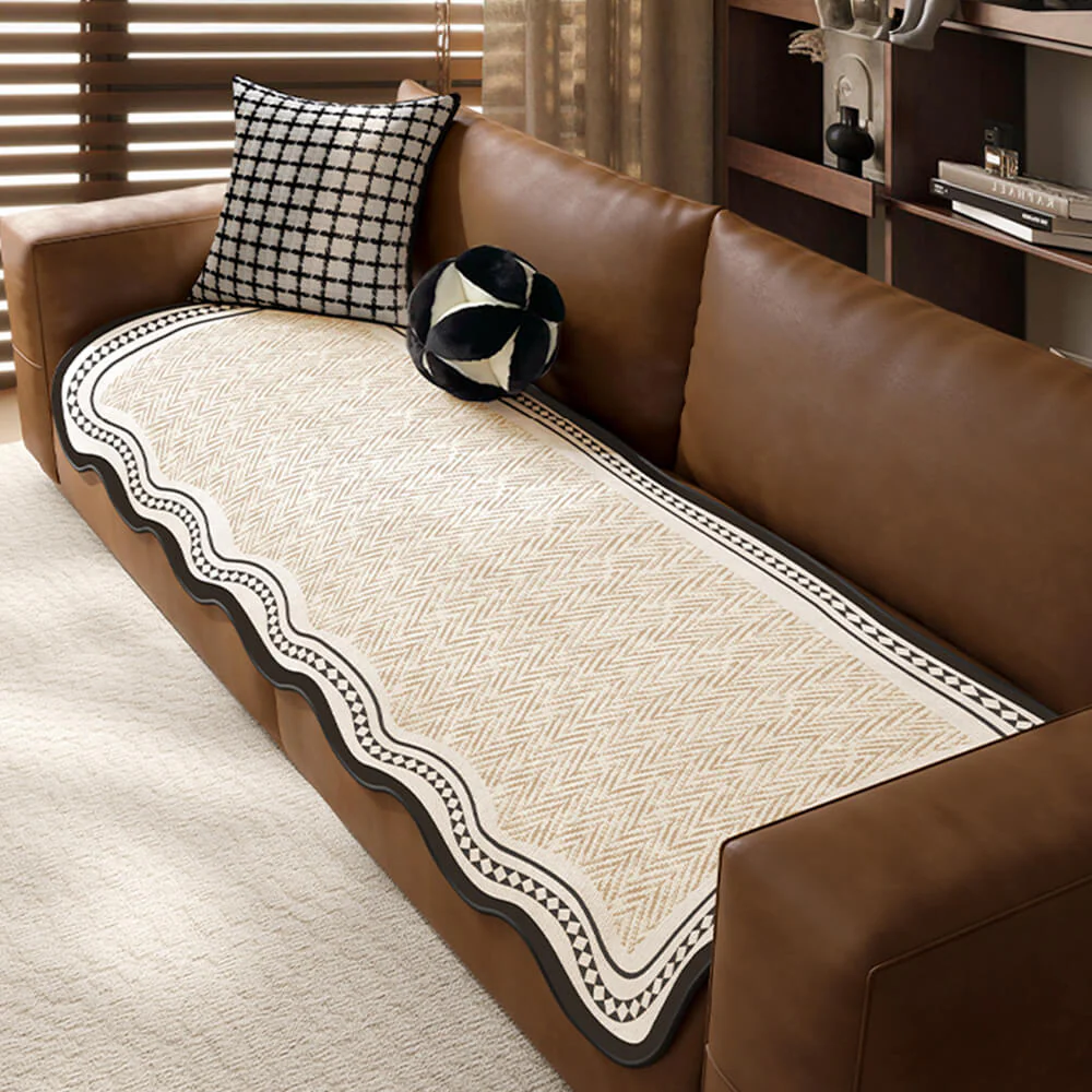 Durable Herringbone Pattern Anti-Slip Couch Cover with Wavy Trim  C Pet Scratch Resistant - Holidayae