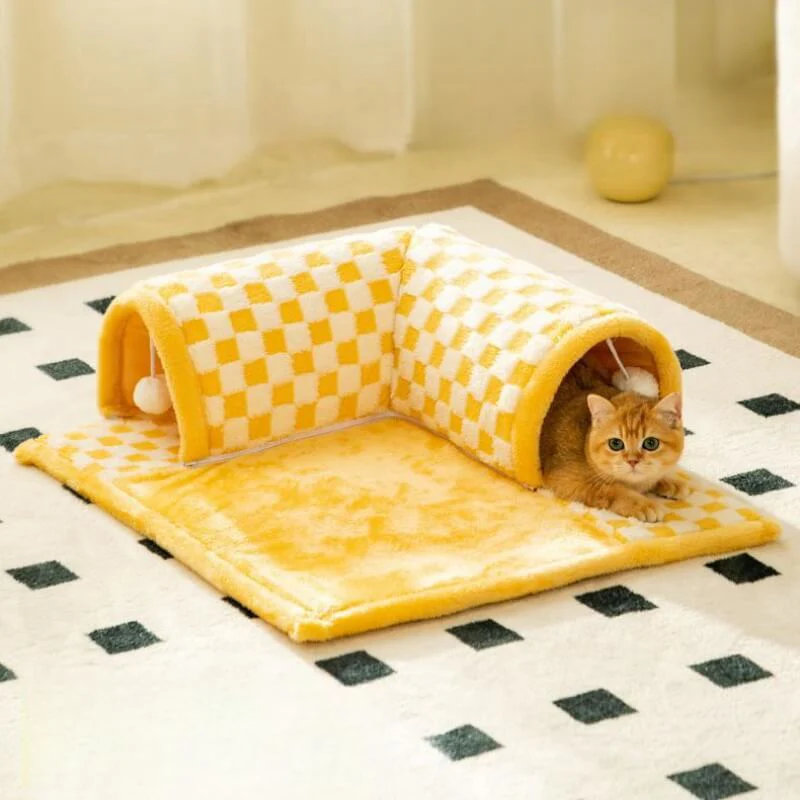 2-in-1 Funny Plush Plaid Checkered Cat Tunnel  Bed - Holidayae
