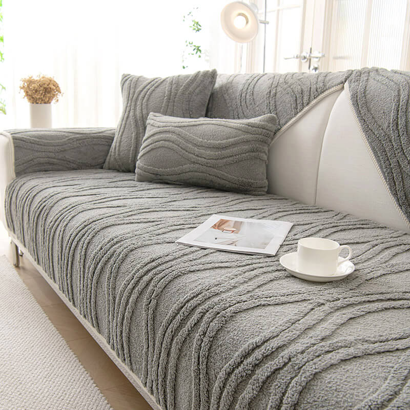 Elegant Grey Textured Non-Slip Thick Plush Couch Cover - Holidayae
