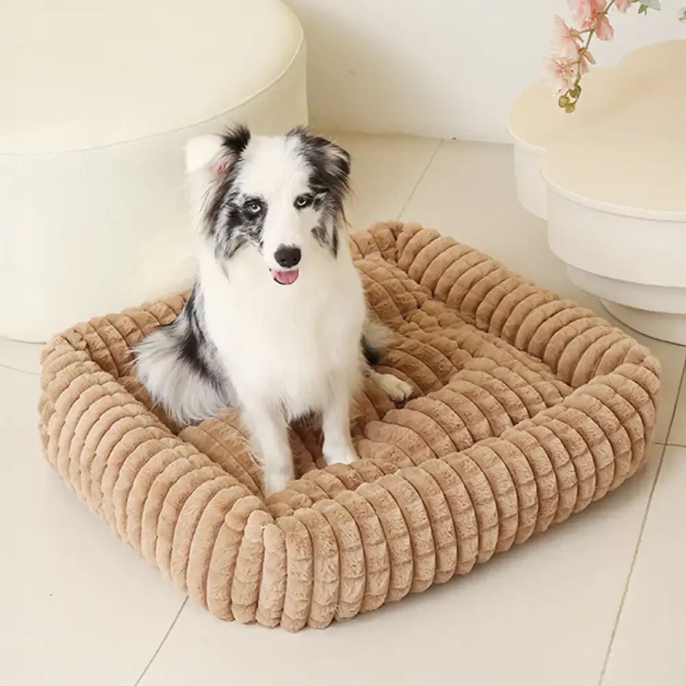Square Striped Short Plush Fluffy Dog Bed for Small to Large Dogs   Deep Rest - Holidayae