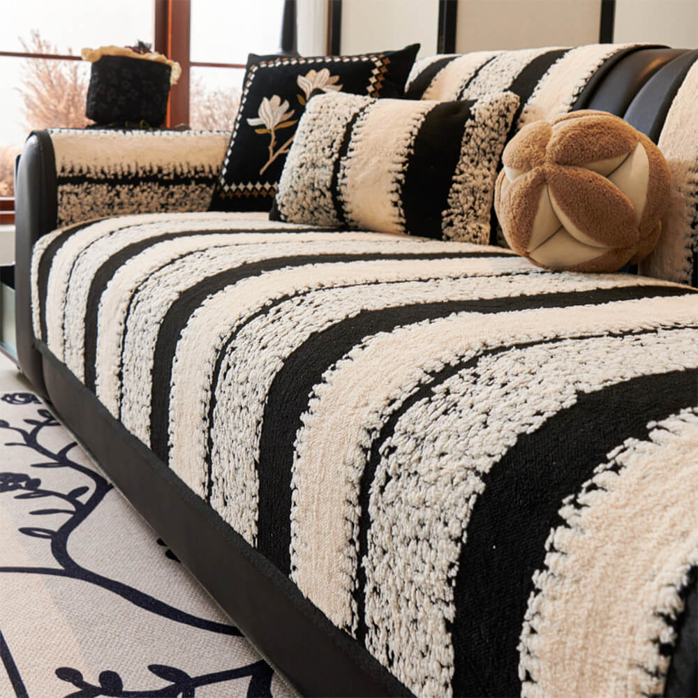 Striped Plush Chenille Thickened Cushion Protector Non-Slip Couch Cover - Holidayae