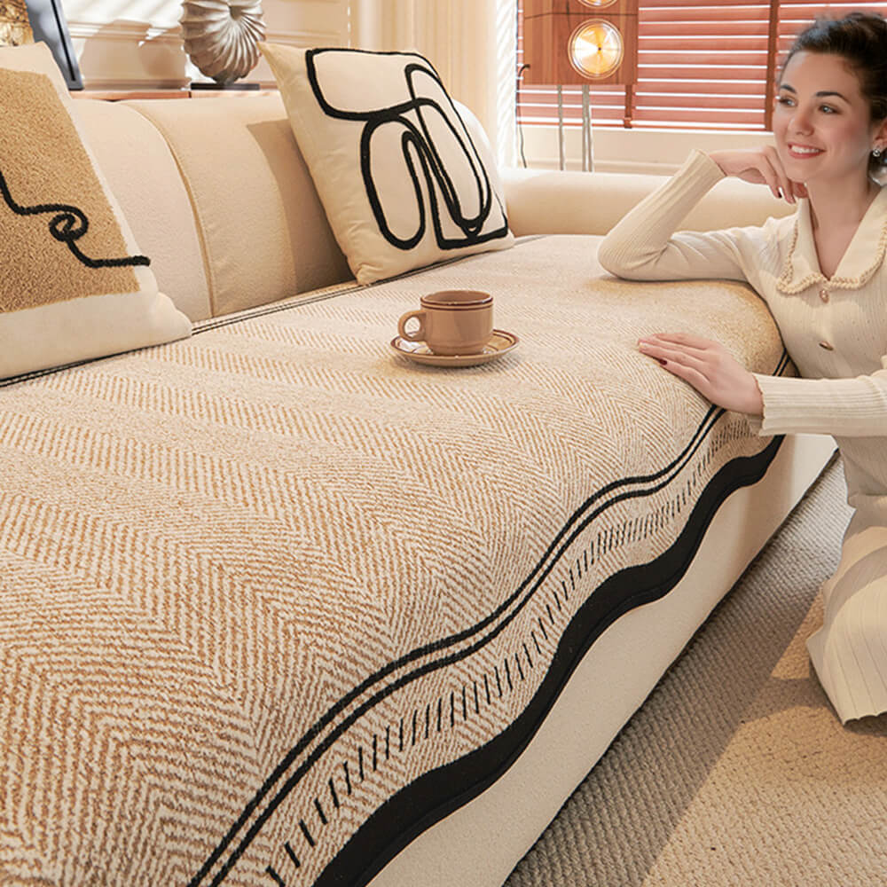 Non-Slip Herringbone Chenille Couch Cover with Wavy Edges - Holidayae