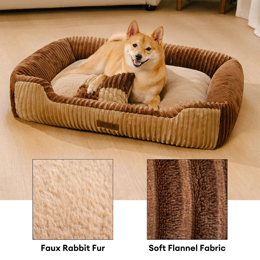 Vintage Color-Block Flannel Removable Bolster Dog Bed with Pillow C CozyRest - Holidayae