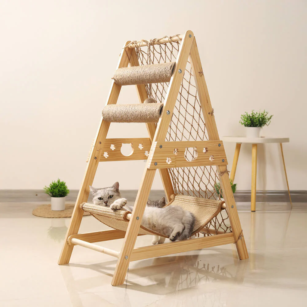 Modern Wooden Cat Tree Funny Scratching Post with Hammock Climbing Net - Holidayae