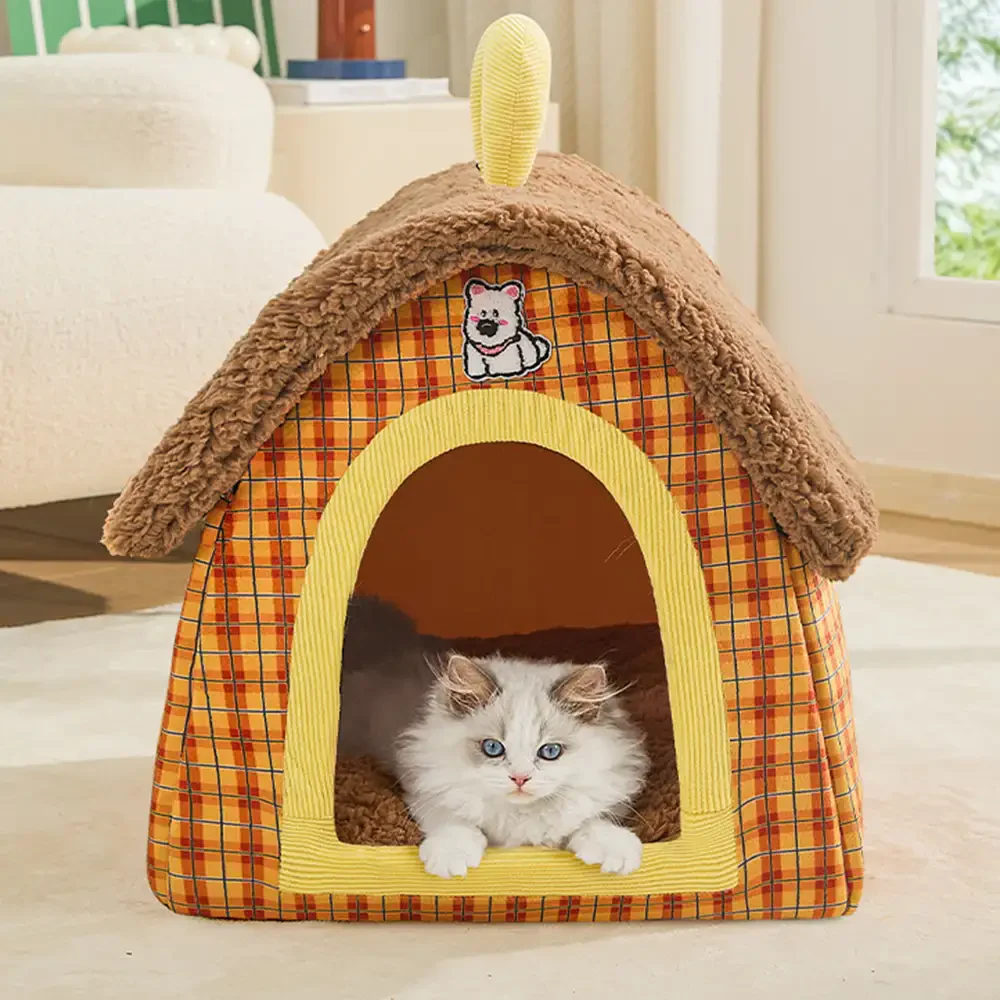 Vintage Plaid Cozy Plush Warm Foldable Cat Cave Dog House - Holidayae