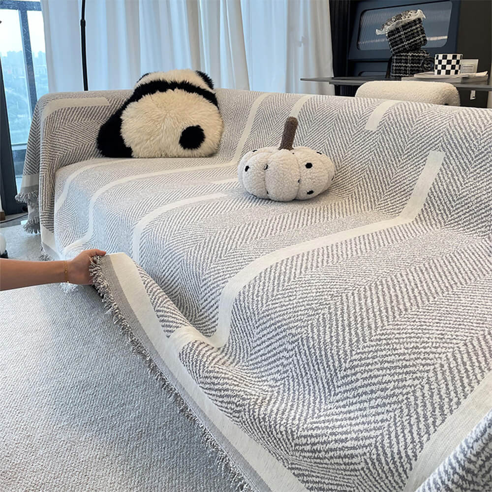 Herringbone Pattern Fringed Chenille Throw Couch Cover - Holidayae