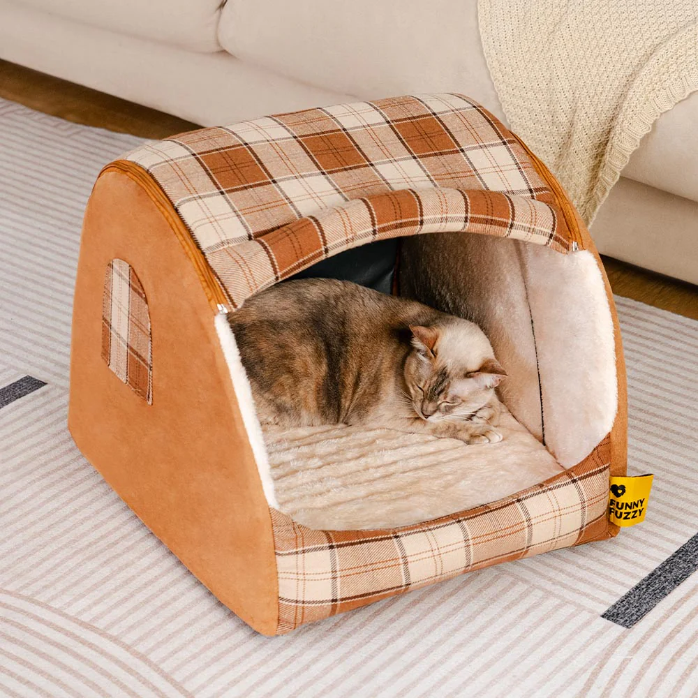 Classical Plaid House Orthopedic Cat Bed - Retreat Cabin - Holidayae