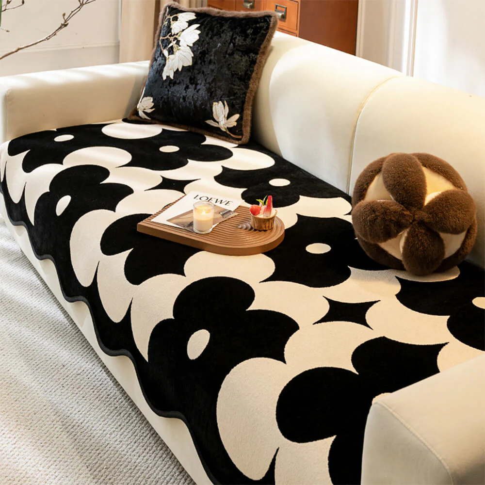 Elegant Floral Chenille Couch Cover with Wavy Border - Holidayae