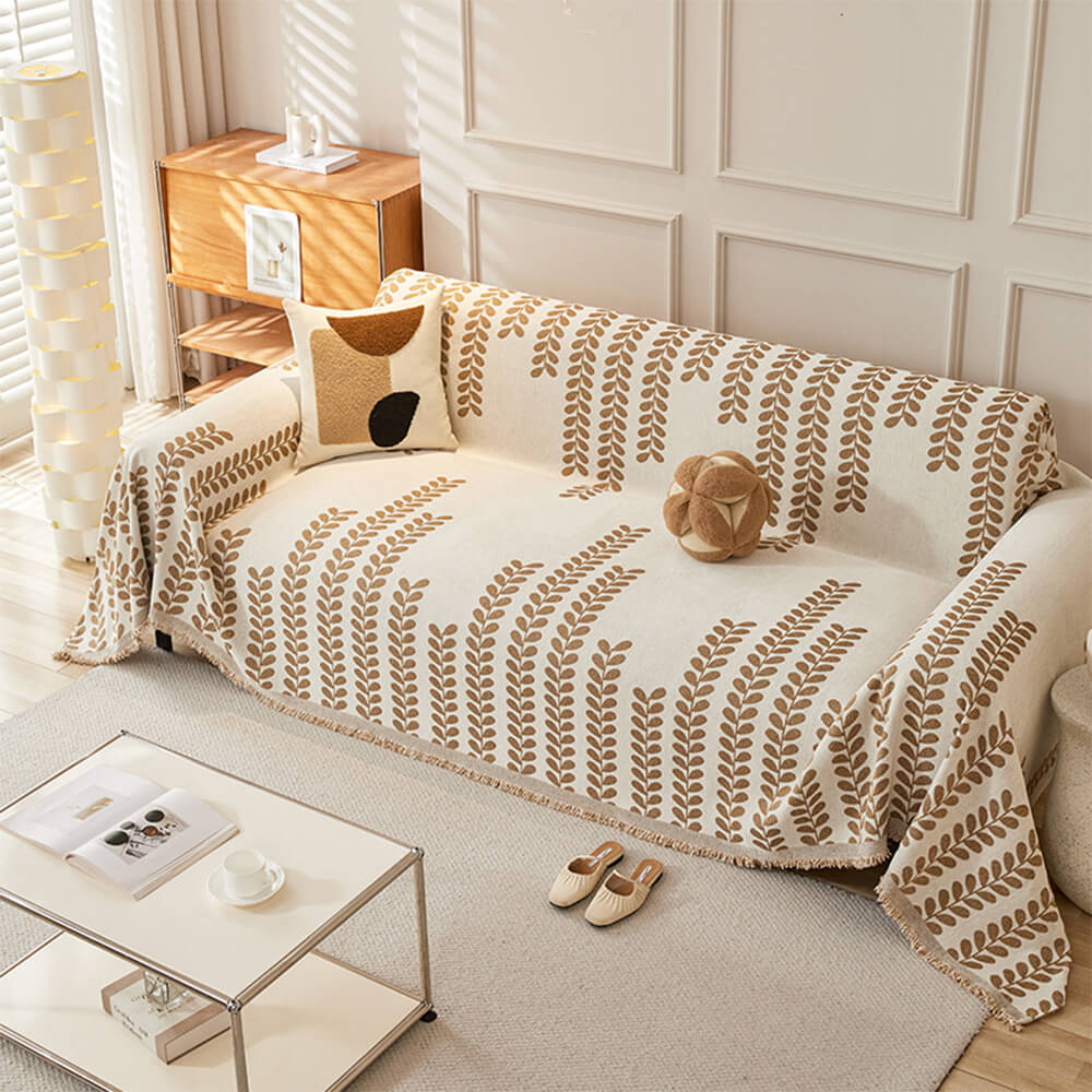 Leaf Stripe Chenille Fabric Fringe Decoration Couch Cover - Holidayae