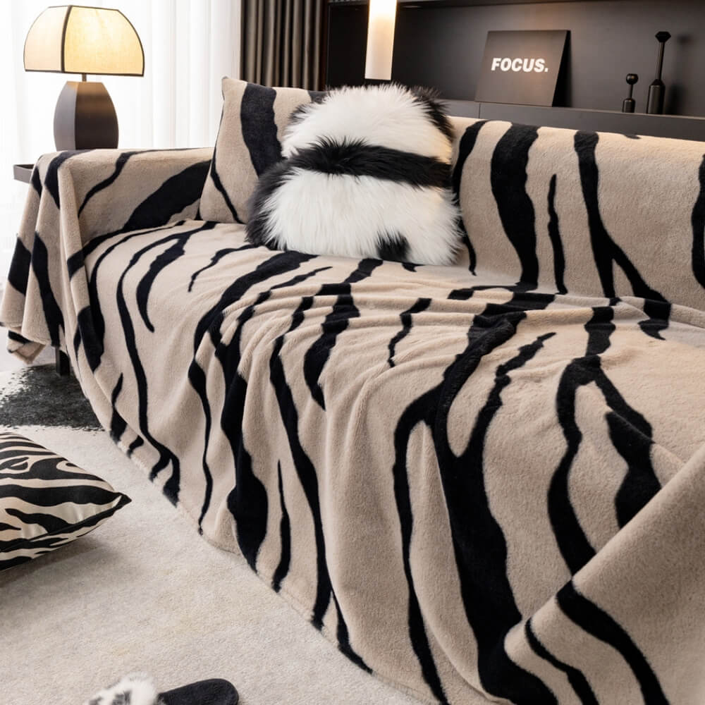 Luxurious Zebra-Print Fluffy Plush Sofa Protector Stylish Couch Cover - Holidayae